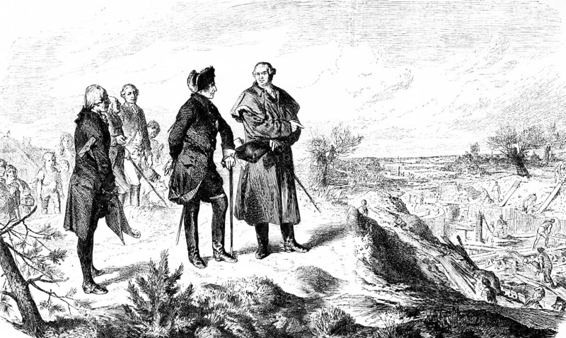 King Frederick II the Great inspects the construction of fortifications, Hohenzollern, advisor, population, curiosity, landscape, earthworks, labourer, wheelbarrow, wood, Prussia, historical illustration 1882