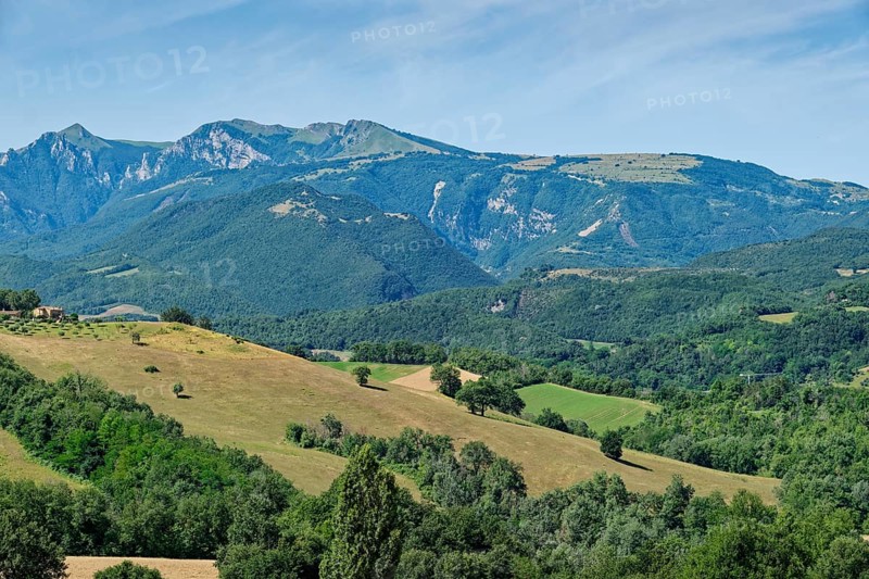 Landscape near San Ginesio in the Marche region with the mountains of the Monti Sibillini National Park in the background. San Ginesio, Macerata, Marche, Italy, Southern Europe, Europe