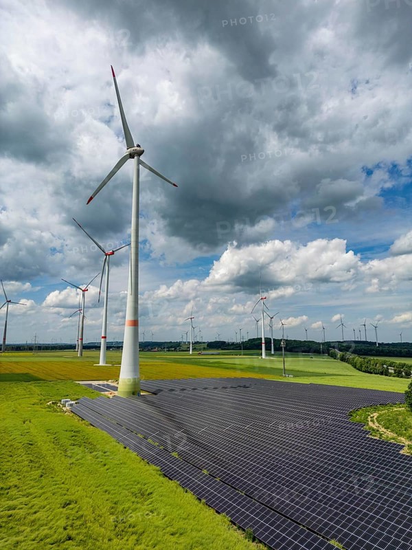 Wind farm near Marsberg, photovoltaic system, utilisation of land for renewable energies, Hochsauerlandkreis, North Rhine-Westphalia, Germany, Europe