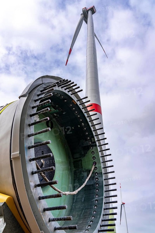 Erection of a wind turbine, wind energy plant, assembly of the third blade, with a crawler lattice crane, wind farm near Hagen, North Rhine-Westphalia, Germany, Europe