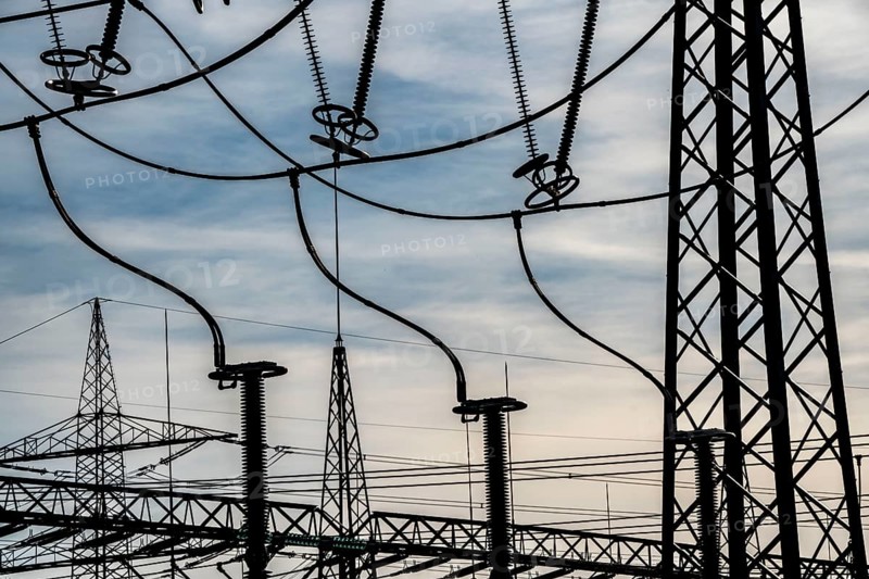 Extra-high-voltage lines, 380 KV, at the Gohrpunkt substation, the electricity comes from the Rhenish lignite mining area, near Gohr, Grevenbroich, Germany, Europe