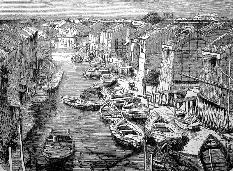Japan in the late Middle Ages, Boats and houses on the canal to Jedo, the former name of the Japanese capital Tokyo, Illustration from 1870, Historical, digital reproduction of an original from the 19th century