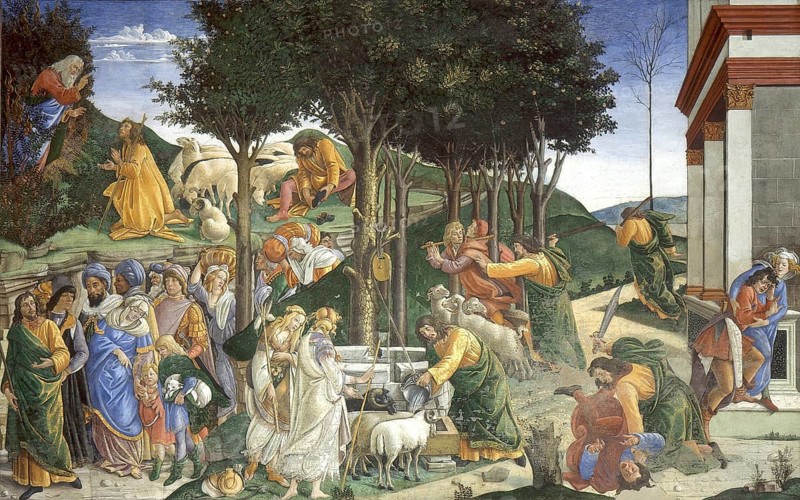 Begebenheiten aus dem Leben des Mose des Mose, Fresko aus der Sixtinischen Kapelle, Incidents from the life of Moses, fresco from the Sistine Chapel, Painting by Sandro Botticelli (1 March 1445, 1510), one of the most important Italian painters and draughtsmen of the early Renaissance, Historic, digitally restored reproduction from an original, Record date not stated