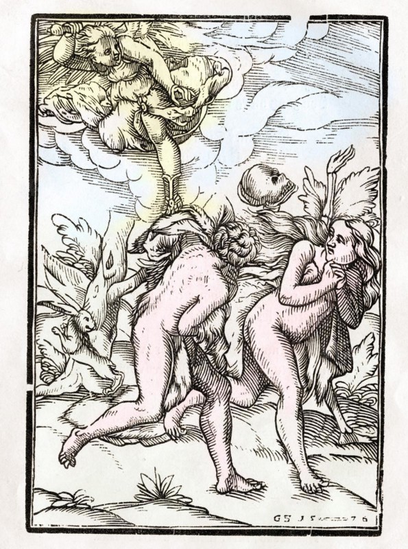 Der Tod kommt für Adam und Eva im Garten Eden Woodcut by Georg Scharffenberg Aus Der Todten Tanz oder Der Tanz des Todes erschienen in Basel 1843, Death comes for Adam and Eve in the Garden of Eden Woodcut by Georg Scharffenberg From Der Todten Tanz or The Dance of Death published Basel 1843, Historic, digitally restored reproduction from a 19th century original, Record date not stated