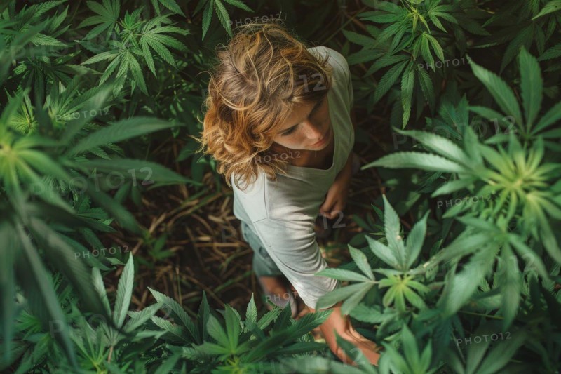 Teenager in a hemp field, surrounded by hemp leaves, cannabis, symbolic image, health risk, drug use, illegal, legal, for medical purposes, AI generated, AI generated, AI generated