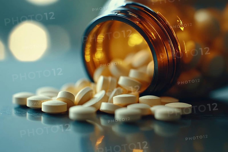 Close up of medical pills spilling from glass bottle container. Generative Ai, AI generated