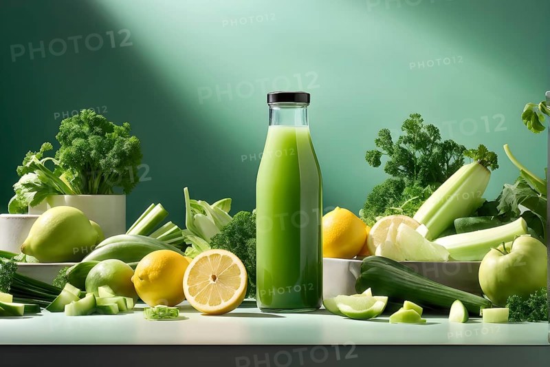 Bottle of vibrant green detox juice surrounded by green fruit and vegetables, AI generated