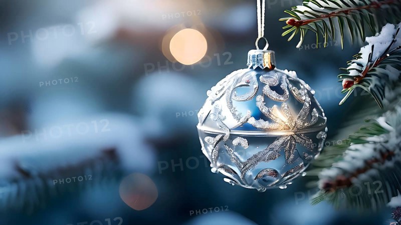 Set of Christmas ornaments hanging on a snow-covered pine tree branch, with frost clinging to the delicate glass and metal surfaces, AI generated