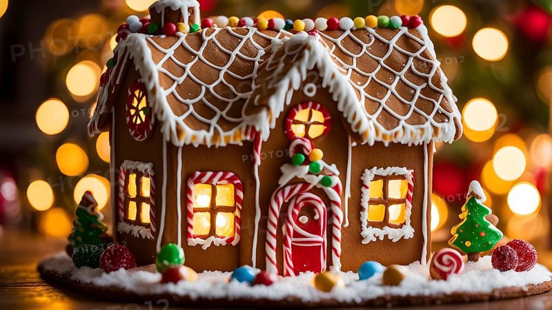 Gingerbread house decorations, focusing on the intricate icing details, colorful candy, and soft, warm light creating a cozy festive ambiance, AI generated