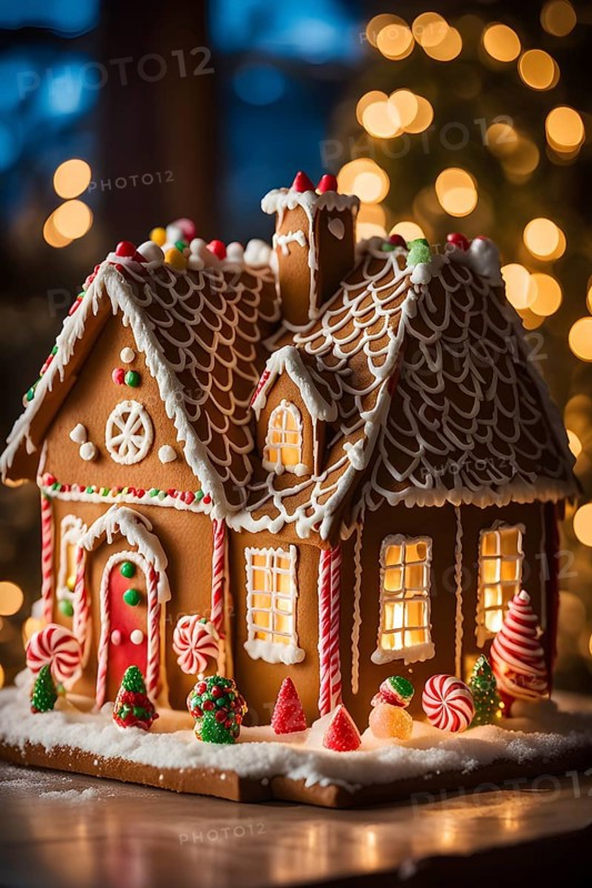 Gingerbread house decorations, focusing on the intricate icing details, colorful candy, and soft, warm light creating a cozy festive ambiance, AI generated