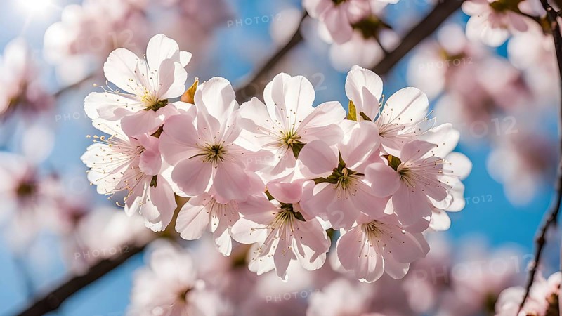 Blooming cherry blossoms with soft pink petals against a clear blue sky, with delicate sunlight filtering through, AI generated