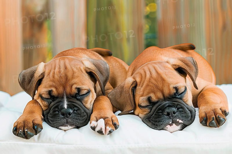 Two cute boxer pups sleeping on cushions, AI generated