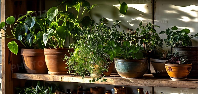 A sunlit kitchen corner, with a rustic wooden shelf holding neatly arranged ceramic bowls and a single, vibrant green houseplant, AI generated