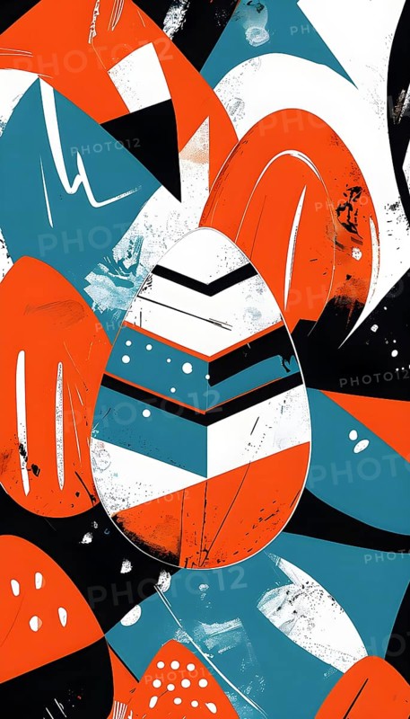 Illustration of an abstract Easter egg design with geometric patterns, bold colors, and a mix of textures, creating a modern and dynamic look, AI generated
