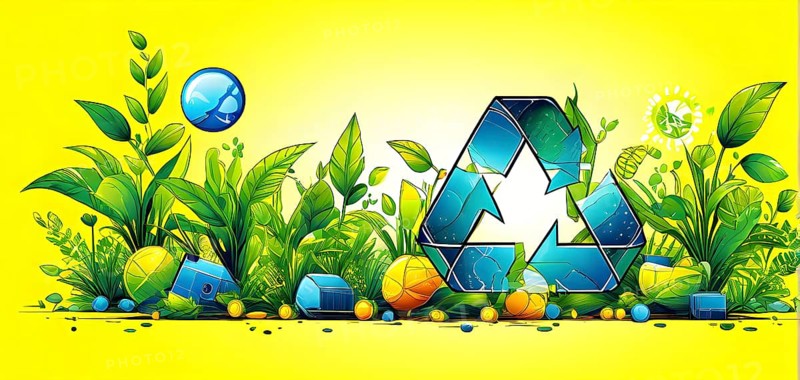 Recycling symbol morphing into growing plants and solar cells to symbolize the transformation of waste into renewable resources, AI generated