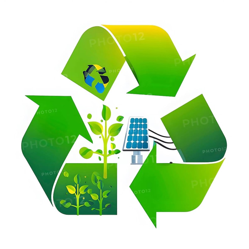 Recycling symbol morphing into growing plants and solar cells to symbolize the transformation of waste into renewable resources, AI generated