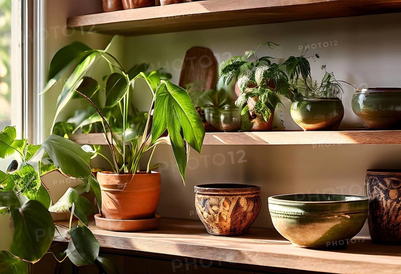 A sunlit kitchen corner, with a rustic wooden shelf holding neatly arranged ceramic bowls and a single, vibrant green houseplant, AI generated