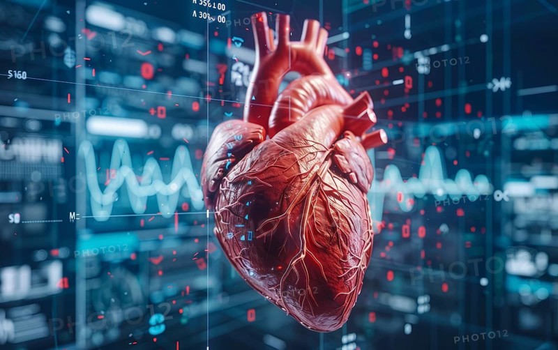 Concept of technology and innovation in health and heart research. Heart health monitoring, AI generated