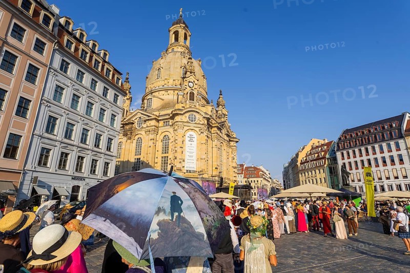 Dresden celebrated the 250th birthday of Caspar David Friedrich with a birthday party and a big city bet between Greifswald and Dresden, The Romantic's Duell. In Dresden 2033 people appeared in disguise and in Greifswald 2241, so Greifswald won the bet, city bet on the Neumarkt, Düll der Romantiker, Dresden, Saxony, Germany, Europe