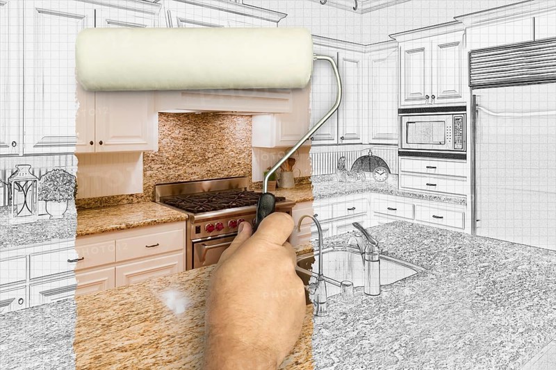 Before and after of man painting roller to reveal custom kitchen photograph under pencil sketch drawing plans