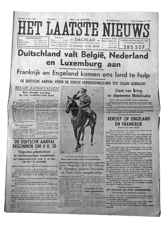 11 May 1940 Flemish newspaper Het Laatste Nieuws announcing Germany invading Belgium, the Netherlands and Luxembourg, starting World War Two in Europe