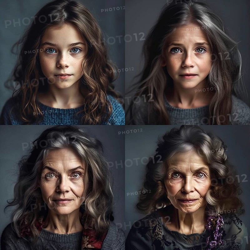 Age progression of a pretty young girl through her older years of life, generative AI, AI generated