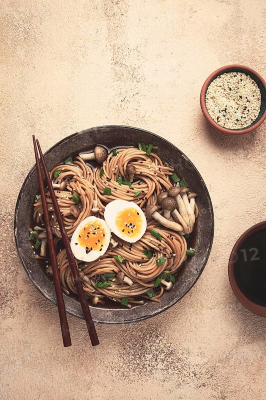 Buckwheat noodles, soba, with shimeji mushrooms, boiled egg, green onion, homemade, no people