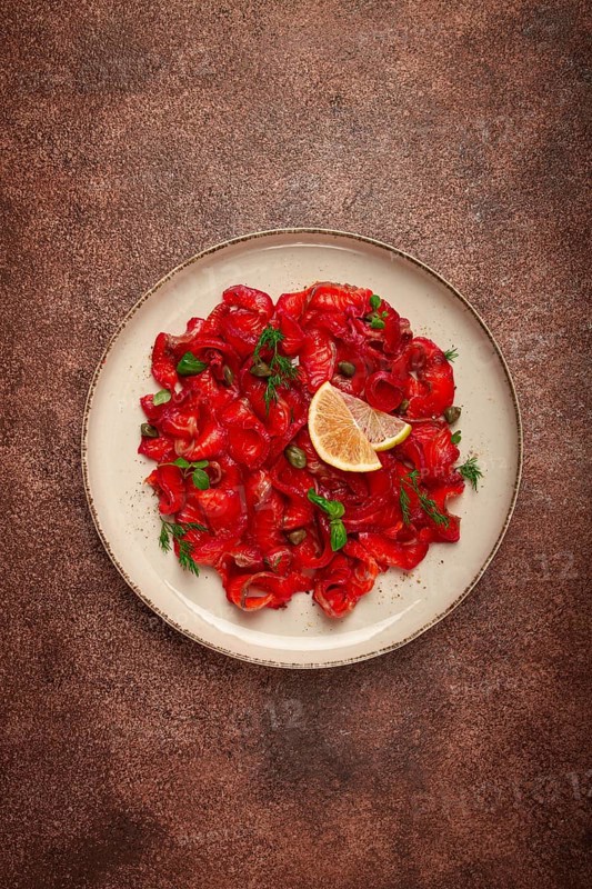 Salmon gravlax with beetroot, Scandinavian snack, beet gravlax, lightly salted fish, homemade, no people