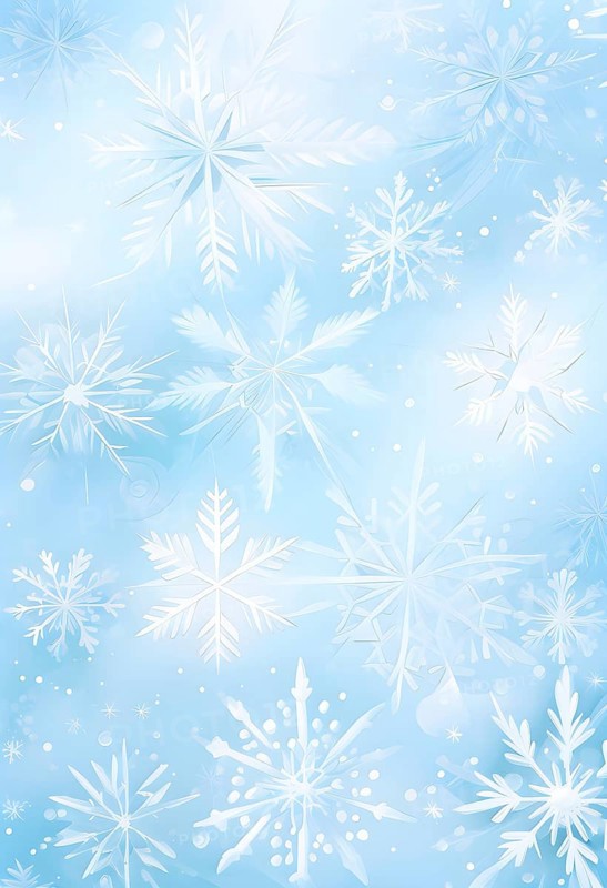 Abstract pattern of snowflakes in varying sizes and shapes in soft white and blue gradients, AI generated