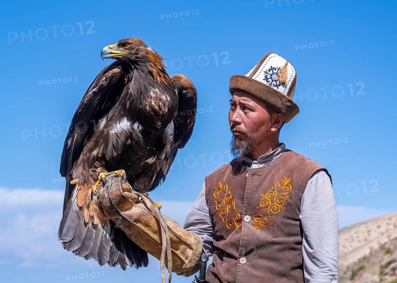 Traditional Kyrgyz eagle hunter with eagle in the mountains, near Kysyl-Suu, Kyrgyzstan, Asia