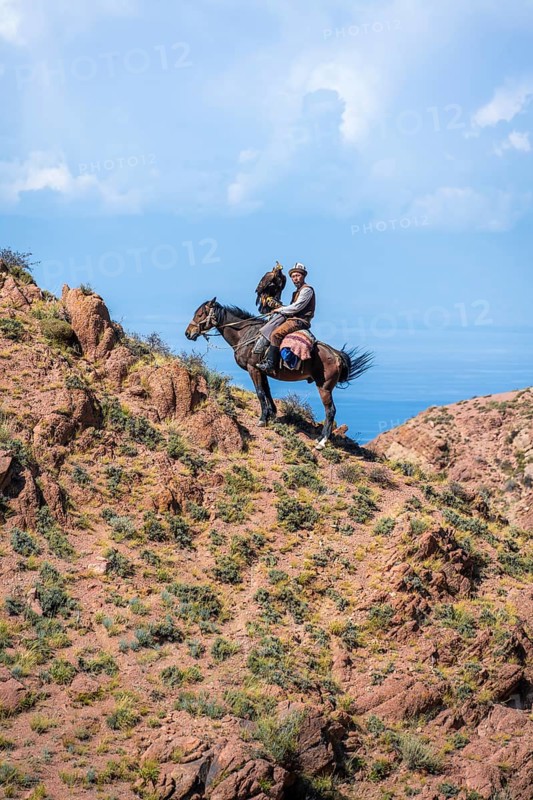 Traditional Kyrgyz eagle hunter with eagle in the mountains, hunting on horseback in front of dry landscape, near Kysyl-Suu, Issyk Kul, Kyrgyzstan, Asia