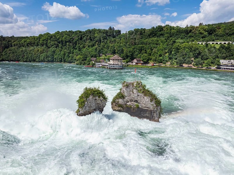Aerial view of the Rhine Falls, right of the Schaufelsen, Neuhausen, Canton Schaffhausen, Switzerland, Europe