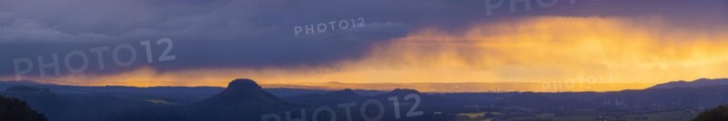View from the Carolafelsen over Pirna to Dresden. Sunset and rain showers, Bad Schandau, Saxony, Germany, Europe