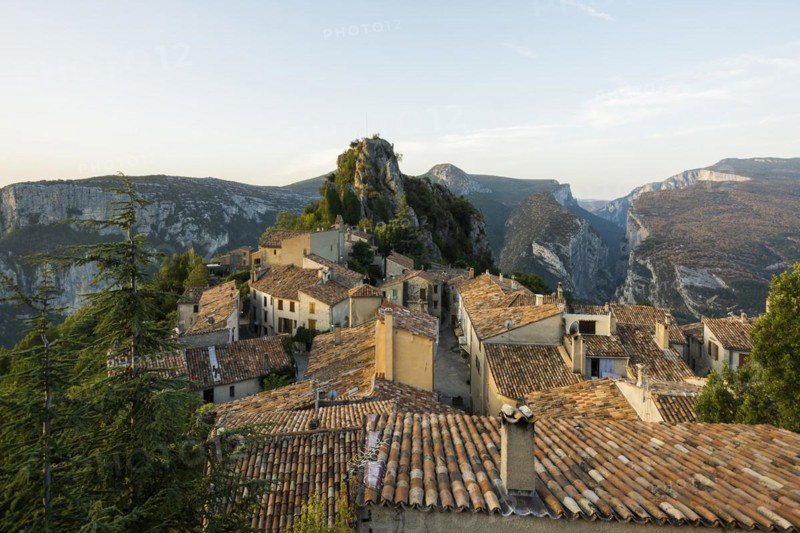 Mountain village, sunrise, Rougon, Verdon Gorge, Gorges du Verdon, Alpes-de-Haute-Provence department, Provence-Alpes-Côte d'Azur region, France, Europe