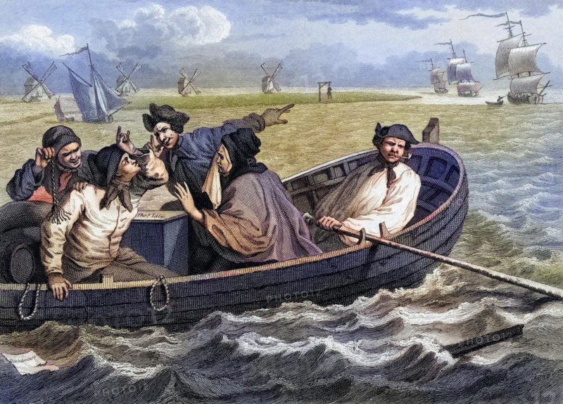Industry and Idleness The idle prentice turned away and sent to sea From the original design by Hogarth from The Works of Hogarth published London 1833, Historisch, digital restaurierte Reproduktion von einer Vorlage aus dem 19. Jahrhundert, Record date not stated