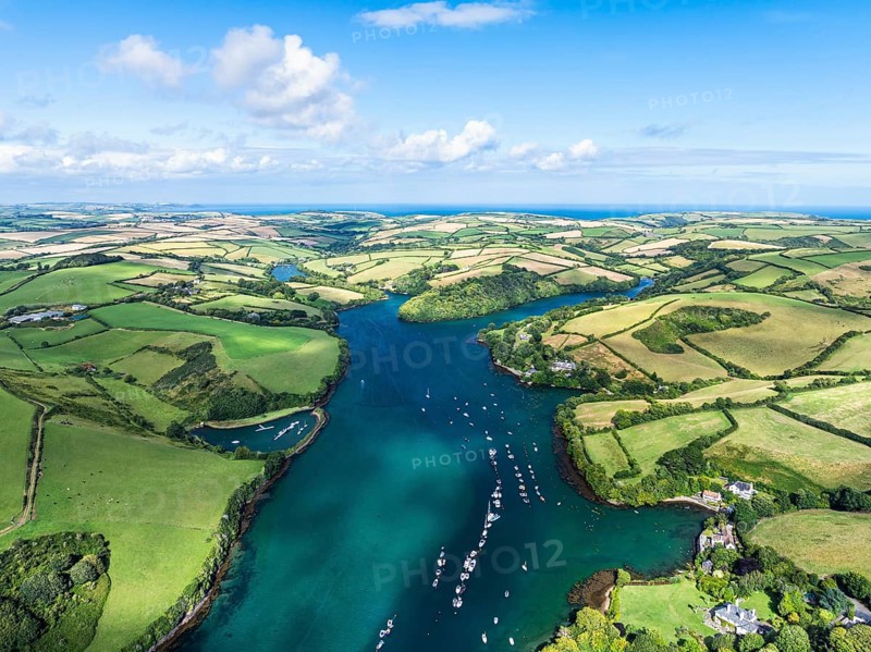 Salcombe and Mill Bay over Kingsbridge Estuary from a drone, Batson Creek, Southpool Creek, Devon, England, United Kingdom, Europe