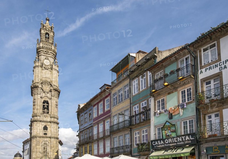 Clérigos Church Tower and facades of surrounding houses, Porto, Portugal, Europe