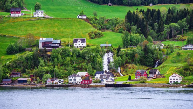Mountains and Fjord over Norwegian Village, Olden, Innvikfjorden, Norway, Europe