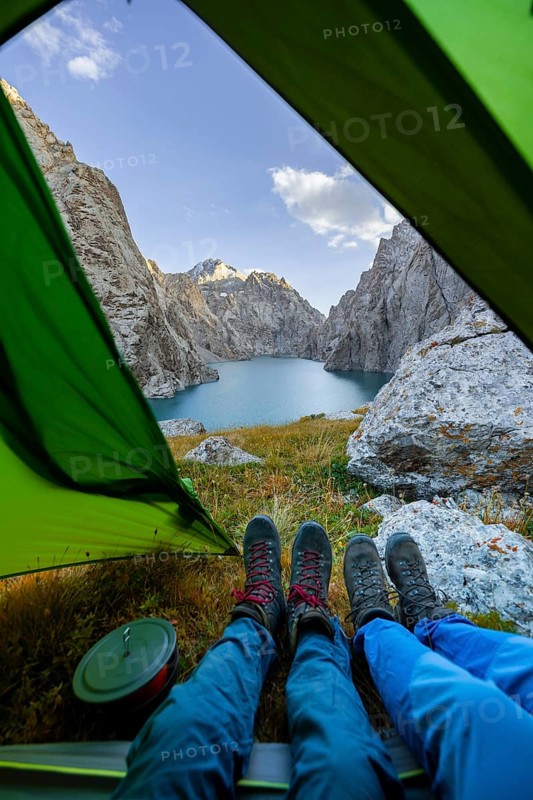 Wild camping, camping in the wilderness with a tent, Kol Suu mountain lake, Sary Beles Mountains, Naryn Province, Kyrgyzstan, Asia