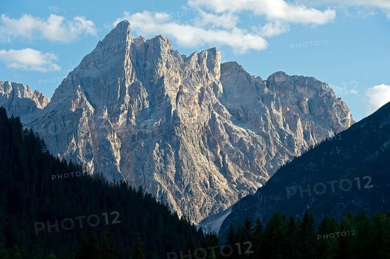 Einserkofel as valley head above the Fischlein valley, Sesto sundial, Sesto, South Tyrol, Trentino-Alto Adige, Italy, Europe