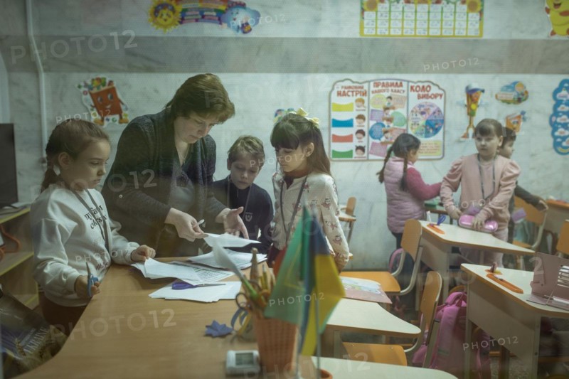 Pupils in a classroom in one of the metro schools in Kharkiv. Classrooms were set up in various metro stations in the city in order to keep classes running even during an air raid, Metro Universytet, Kharkiv, Ukraine, Europe