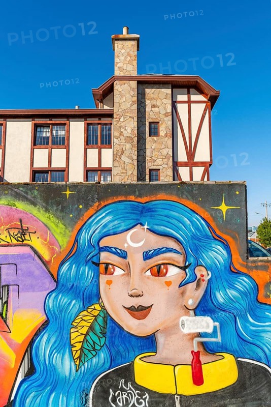 Colourful graffito of a woman with blue hair, street art in the city of Punta Arenas, Patagonia, Chile, South America