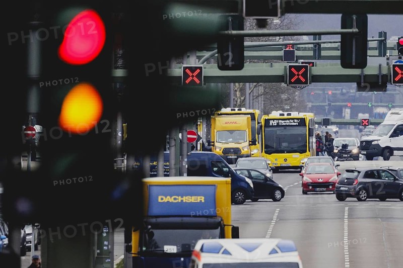 A BVG bus travels along Heerstraße in Berlin, 27 February 2024. Berliner Verkehrsbetriebe (BVG) have announced strikes for Thursday and Friday