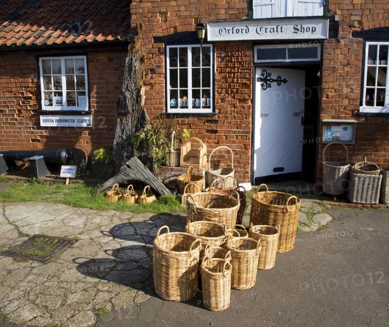 Wicker baskets outside craft shop, Orford, Suffolk, England, United Kingdom, Europe