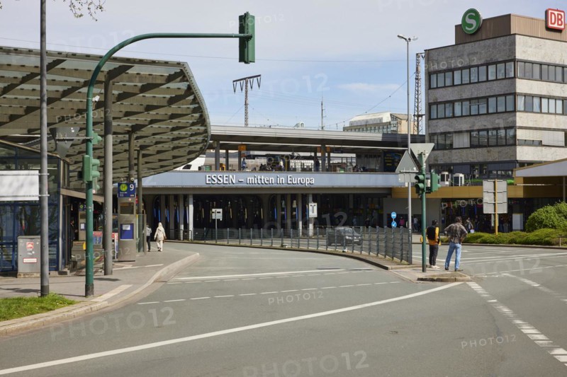 Bus station with Essen lettering, in the centre of Europe and back of the main railway station in Essen, Ruhr area, independent city, North Rhine-Westphalia, Germany, Europe