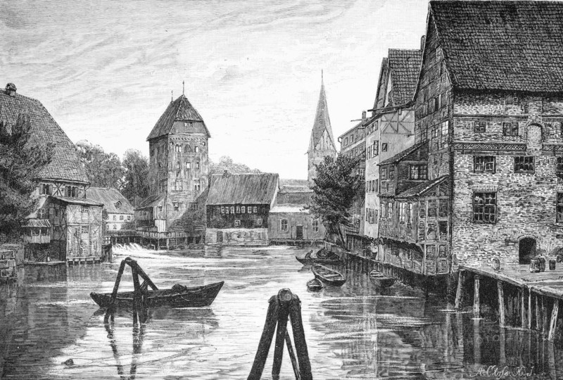Abtsmühle in Lüneburg, Lower Saxony, Germany, watermill, Ilmenau, abbey, city bid, old town, church tower, historical illustration 1880, Europe