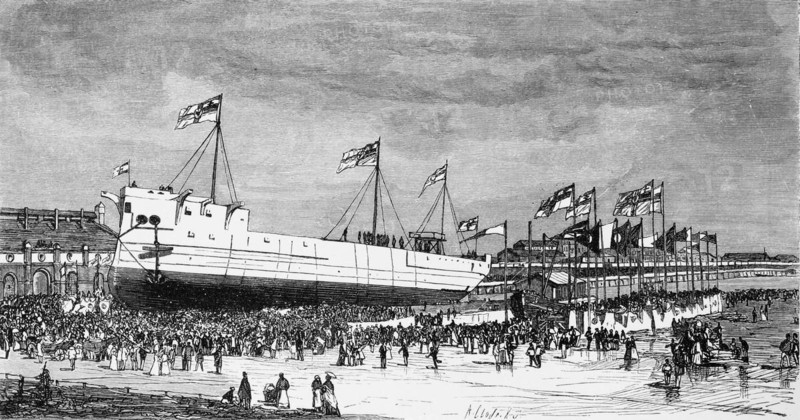 Christening of the armoured frigate Großer Kurfürst, Bremerhaven, Lower Saxony, North Sea, name, shipyard, harbour, Imperial Navy, warship, three-master, flags, crowd, Germany, historical illustration 1880, Europe