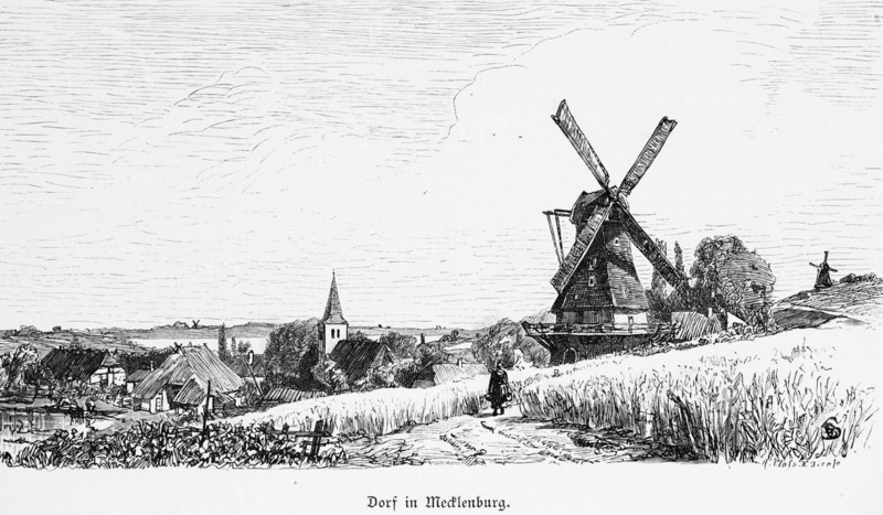 Village in Mecklenburg-Western Pomerania, Germany, rural idyll, windmills, church, fields, farmhouse, historical illustration 1880, Europe
