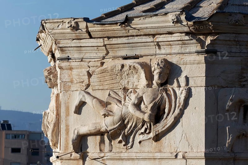 Wind god Lips, south-west wind, relief on the Tower of the Winds, Roman Agora, Athens, Greece, Europe