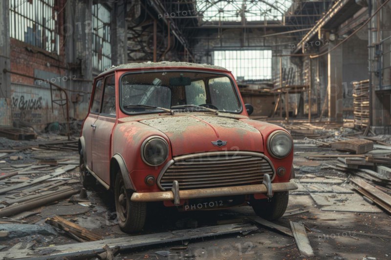 An old, weathered and dusty British vintage car, wreck, of the Mini Cooper type from the 1960s stands in an old factory hall, symbolic image for restoration, repair, restoration of historical cultural assets, AI generated, AI generated, AI generated